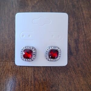 Faux Ruby Red and Rhinestones Stud Silver Tone Earrings